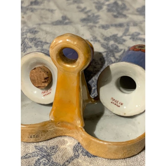 Japanese Porcelain Lusterware Salt and Pepper Shakers with Holder Carrier S&P - Picture 4 of 6